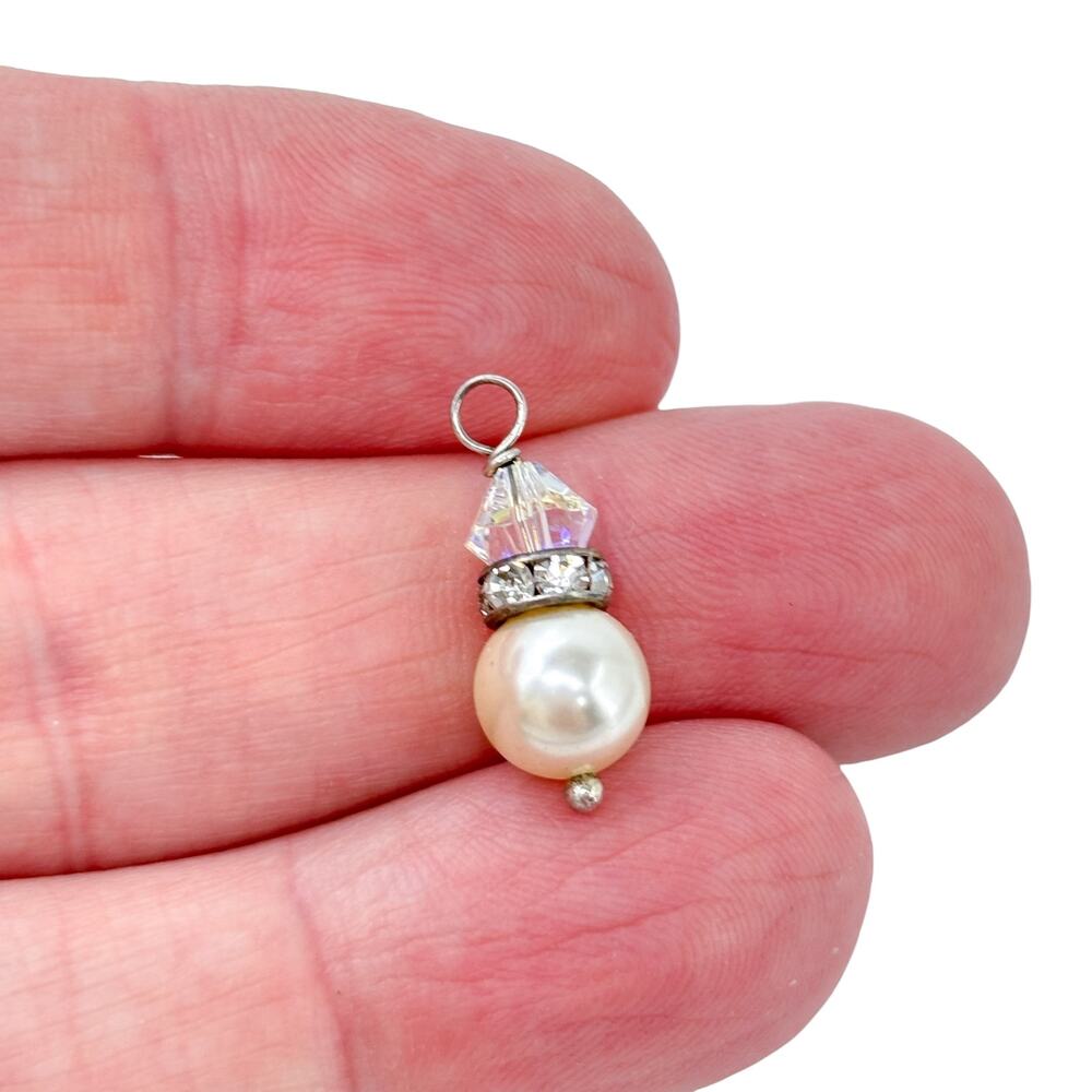 Vintage Silver-Tone Faux Pearl Crystal Charm